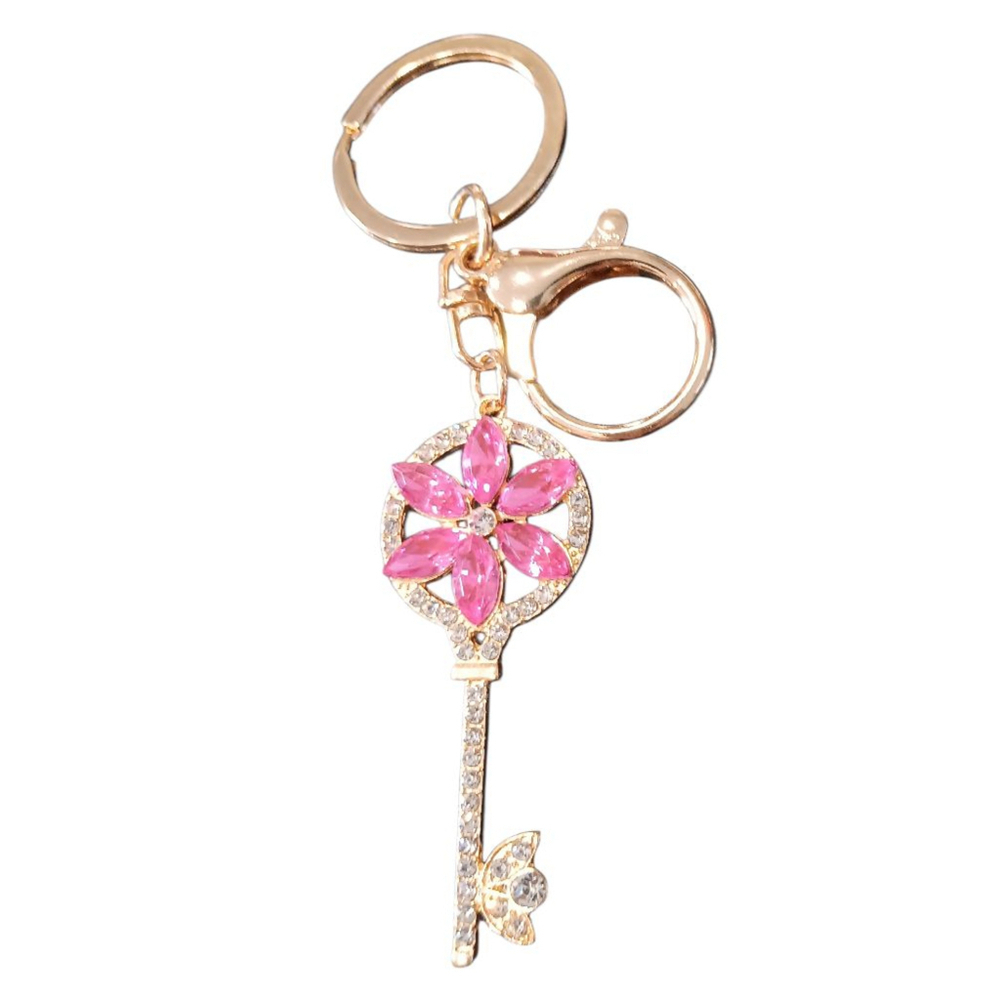 Floral Rhinestone Skeleton Key Keychain Purse Charm with Pink Flower